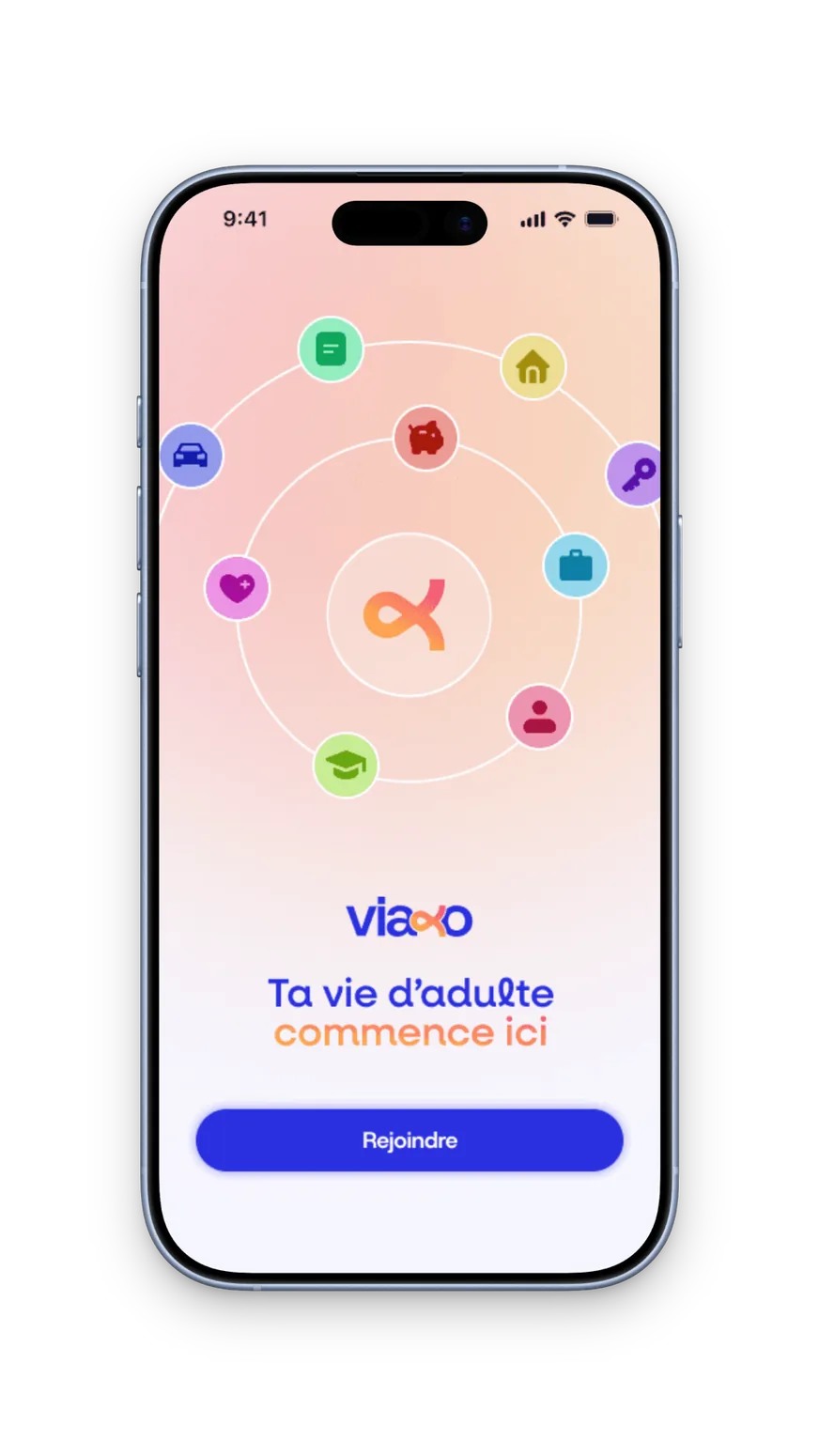 Écran d'accueil de l'app Viaxo : « Ta vie d'adulte commence ici »