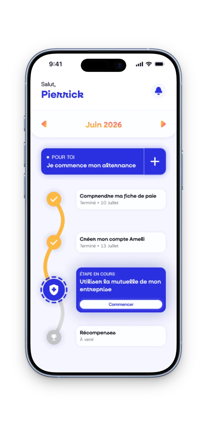 Écran de l'app Viaxo : parcours « Je commence mon alternance » avec fiche de paie, compte Ameli et mutuelle d'entreprise